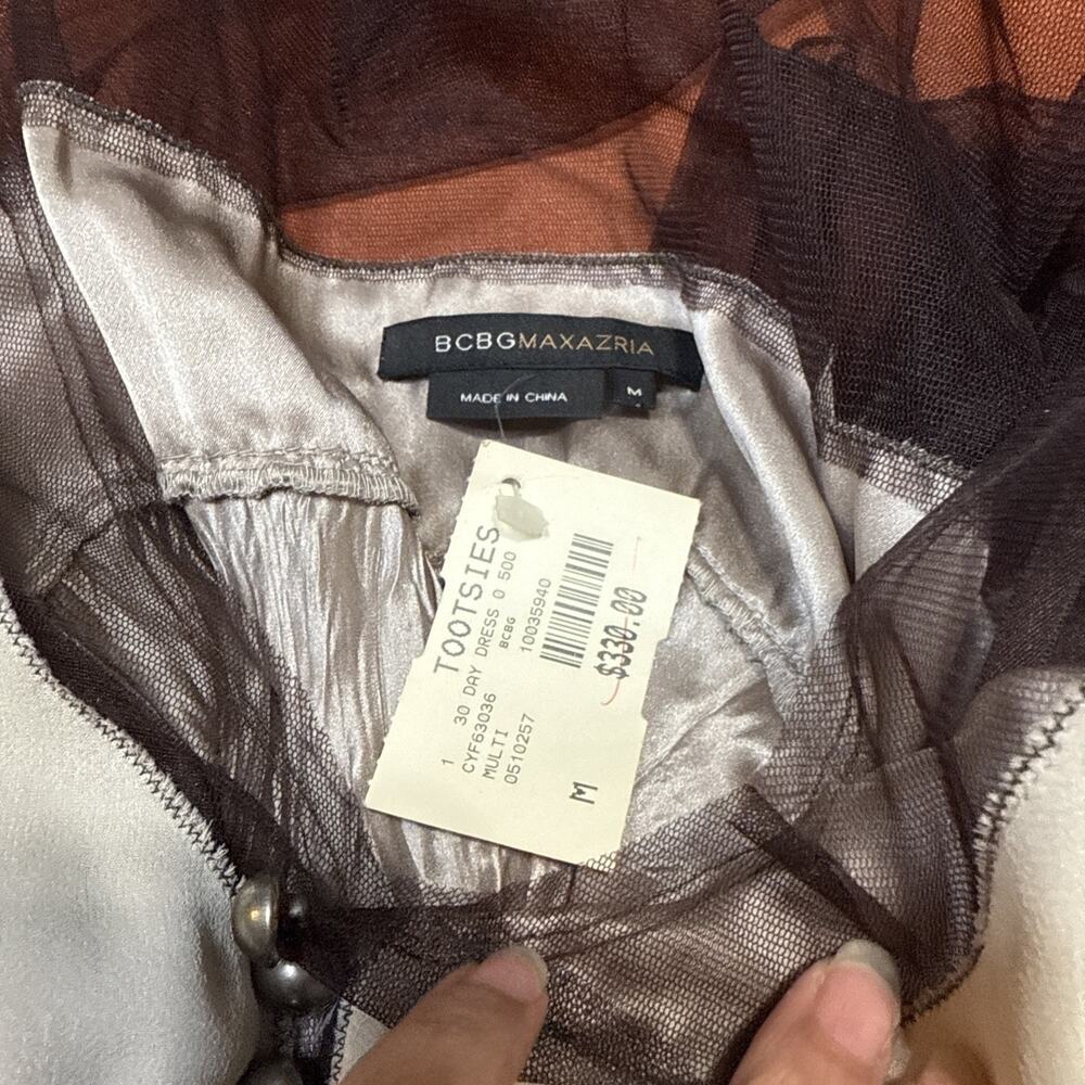 BCBGMaxazria Silk Tulle Dress Womens Medium Brown Floral Chiffon Sheer Trim - Picture 13 of 16